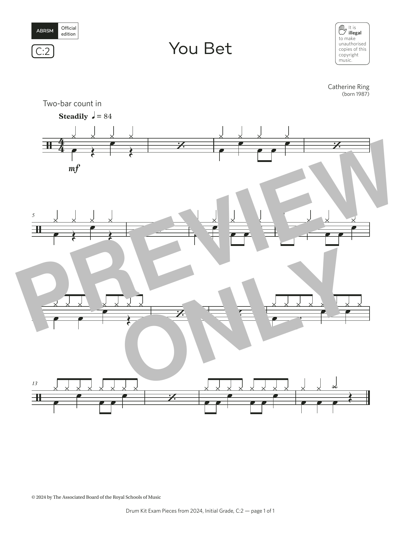 Catherine Ring You Bet (Grade Initial, list C2, from the ABRSM Drum Kit Syllabus 2024) sheet music, chords, lyrics - Printable PDF for Drums