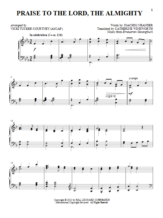 Catherine Winkworth Praise To The Lord, The Almighty sheet music, chords, lyrics - Printable PDF for Piano