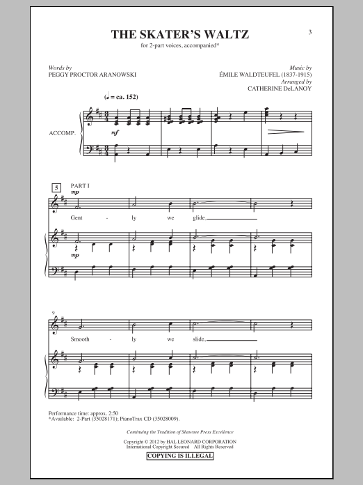 Learn to play Catherine DeLanoy The Skater's Waltz sheet music for 2-Part Choir in minutes. Catherine DeLanoy The Skater's Waltz sheet music preview music notes and score for 2-Part Choir including 11 page(s)