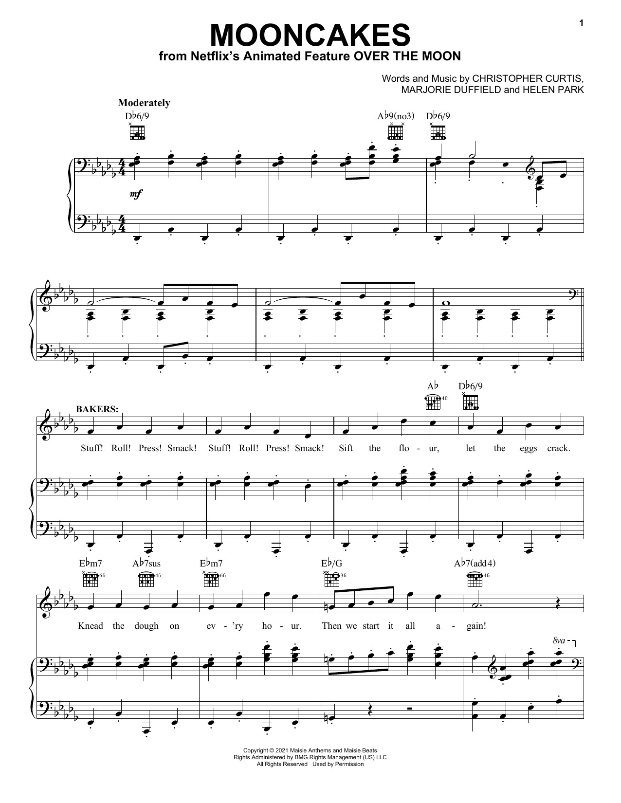 Cathy Ang, Ruthie Ann Miles and John Cho Mooncakes (from Over The Moon) sheet music preview music notes and score for Piano, Vocal & Guitar Chords (Right-Hand Melody) including 9 page(s)