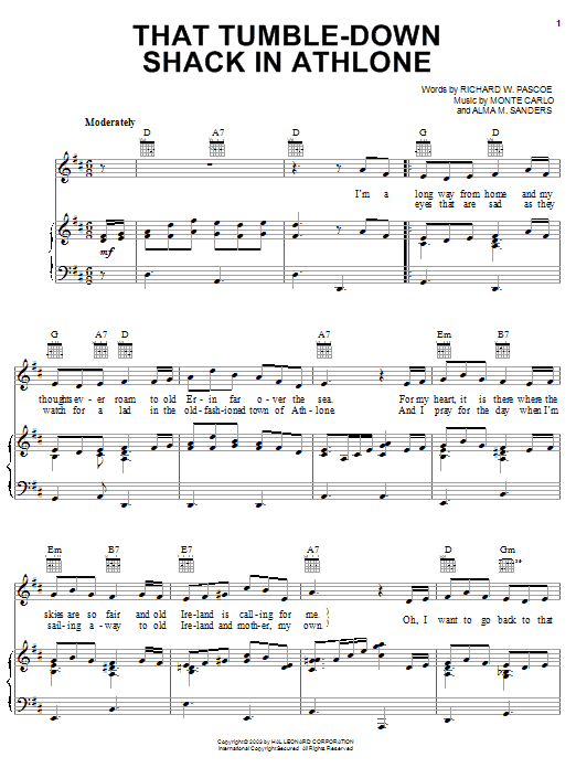 Learn to play Cavan O'Connor That Tumble-Down Shack In Athlone sheet music for Piano, Vocal & Guitar (Right-Hand Melody) in minutes. Cavan O'Connor That Tumble-Down Shack In Athlone sheet music preview music notes and score for Piano, Vocal & Guitar (Right-Hand Melody) including 2 page(s)