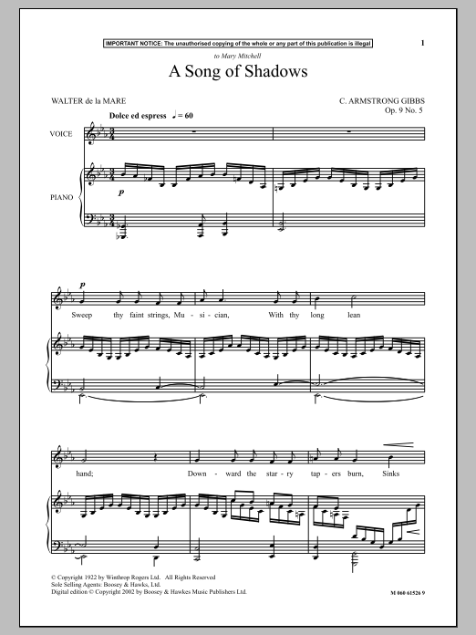 Learn to play Cecil Armstrong Gibbs A Song Of Shadows sheet music for Piano & Vocal in minutes. Cecil Armstrong Gibbs A Song Of Shadows sheet music notes and chords