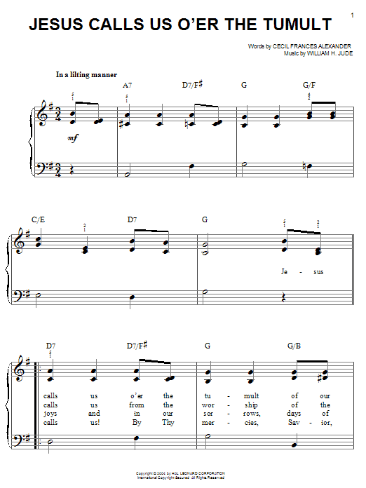 Learn to play Cecil Frances Alexander Jesus Calls Us O'er The Tumult sheet music for Easy Piano in minutes. Cecil Frances Alexander Jesus Calls Us O'er The Tumult sheet music preview music notes and score for Easy Piano including 2 page(s)