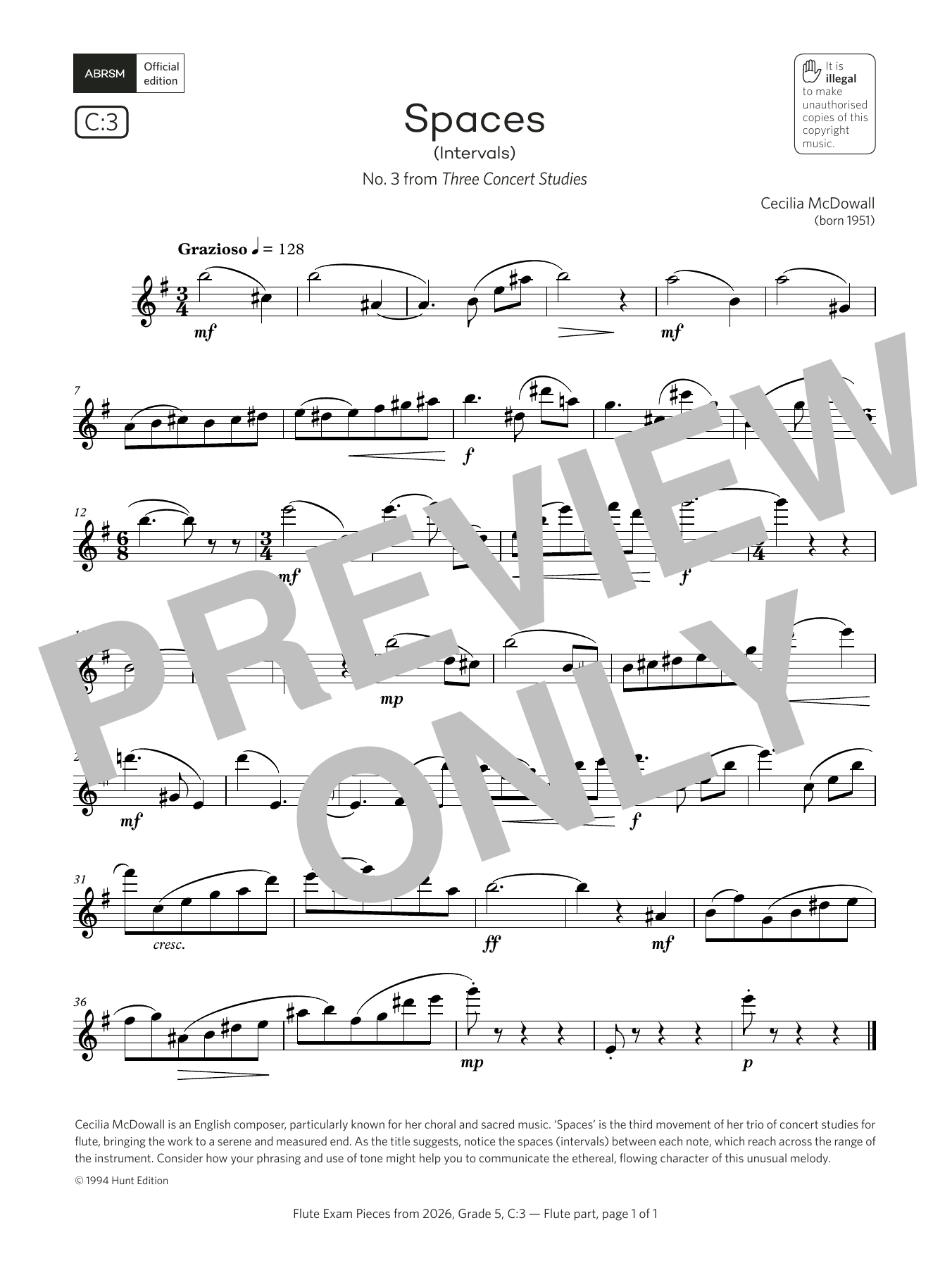 Cecilia McDowall Spaces (Grade 5, list C3, from the ABRSM Flute Syllabus from 2026) sheet music, chords, lyrics - Printable PDF for Flute Solo