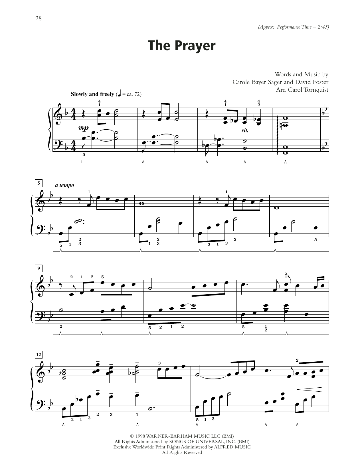 Celine Dion & Andrea Bocelli The Prayer (arr. Carol Tornquist) sheet music, chords, lyrics - Printable PDF for Piano Solo