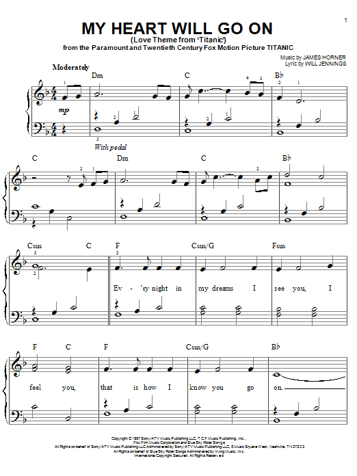 Learn to play Celine Dion My Heart Will Go On (Love Theme from Titanic) sheet music for Piano, Vocal & Guitar (Right-Hand Melody) in minutes. Celine Dion My Heart Will Go On (Love Theme from Titanic) sheet music preview music notes and score for Piano, Vocal & Guitar (Right-Hand Melody) including 6 page(s)