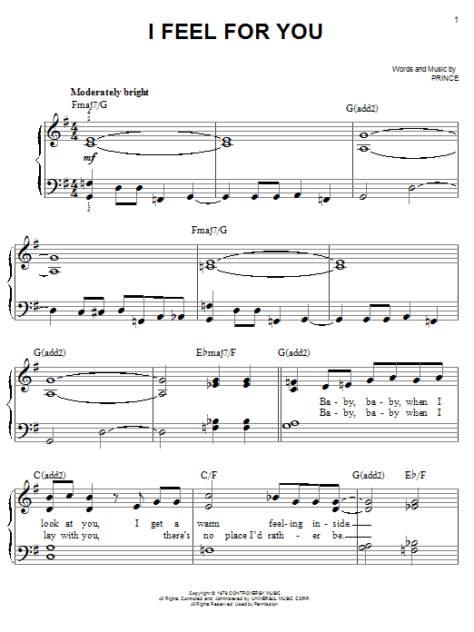 Learn to play Chaka Khan I Feel For You sheet music for Piano, Vocal & Guitar (Right-Hand Melody) in minutes. Chaka Khan I Feel For You sheet music preview music notes and score for Piano, Vocal & Guitar (Right-Hand Melody) including 12 page(s)