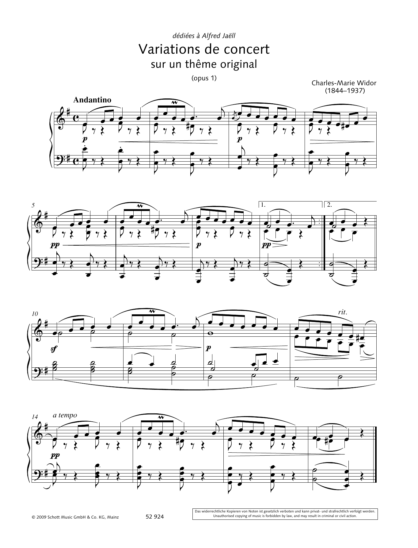 Charles-Marie Widor Variations de concert sur un thême original sheet music, chords, lyrics - Printable PDF for Piano Solo