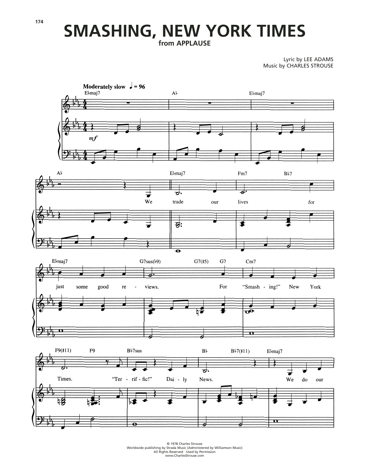Charles Strouse Smashing, New York Times (from Applause) sheet music, chords, lyrics - Printable PDF for Piano & Vocal