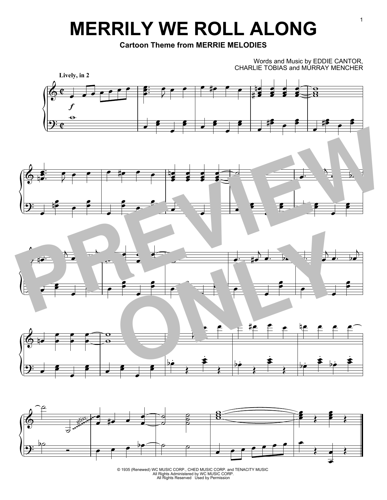 Charles Tobias, Eddie Cantor & Murray Mencher Merrily We Roll Along (from Looney Tunes) sheet music, chords, lyrics - Printable PDF for Piano Solo