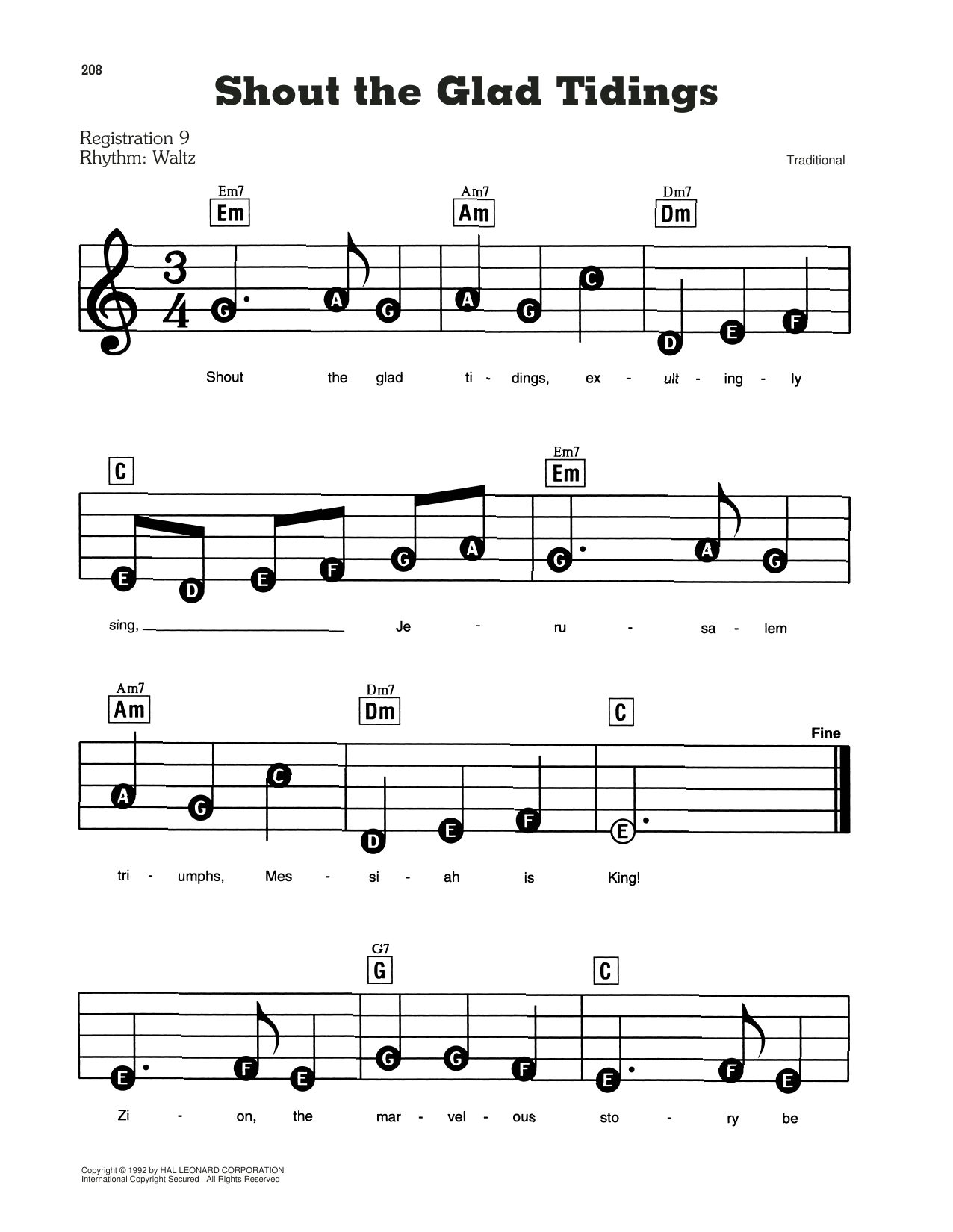 Charles Avison Shout The Glad Tidings sheet music preview music notes and score for E-Z Play Today including 2 page(s)