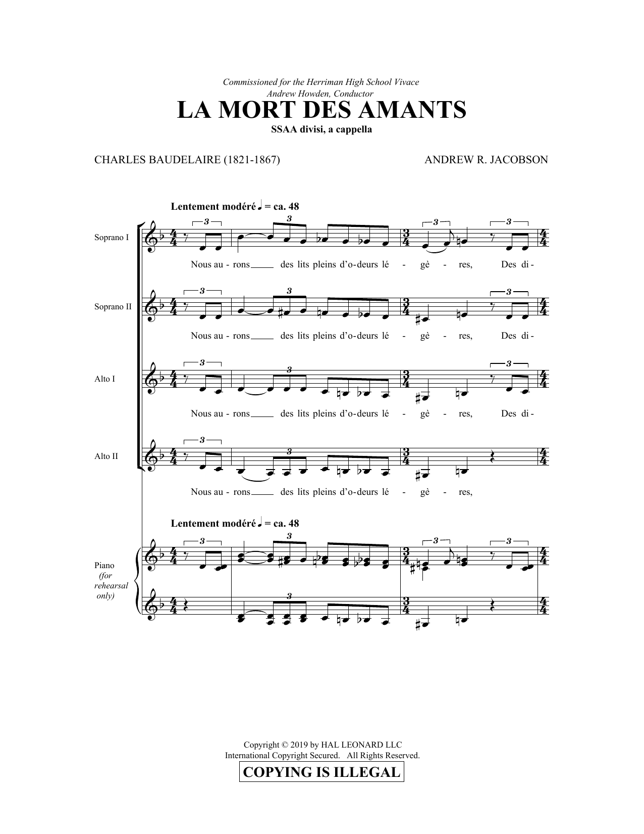 Learn to play Charles Baudelaire and Andrew Jacobson La Mort Des Amants sheet music for SSA Choir in minutes. Charles Baudelaire and Andrew Jacobson La Mort Des Amants sheet music preview music notes and score for SSA Choir including 8 page(s)