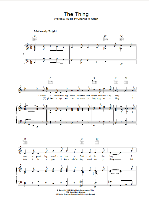 Learn to play Charles R. Grean The Thing sheet music for Piano, Vocal & Guitar (Right-Hand Melody) in minutes. Charles R. Grean The Thing sheet music preview music notes and score for Piano, Vocal & Guitar (Right-Hand Melody) including 3 page(s)