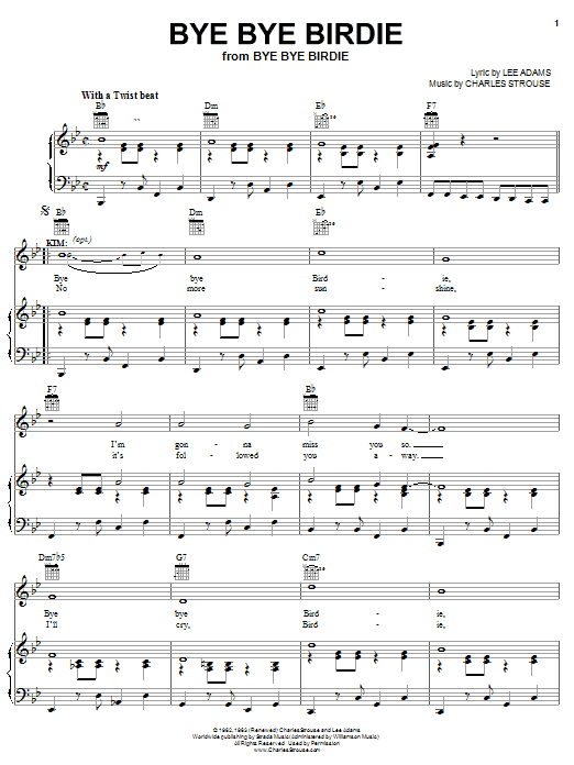 Learn to play Charles Strouse Bye Bye Birdie sheet music for Piano, Vocal & Guitar (Right-Hand Melody) in minutes. Charles Strouse Bye Bye Birdie sheet music preview music notes and score for Piano, Vocal & Guitar (Right-Hand Melody) including 4 page(s)