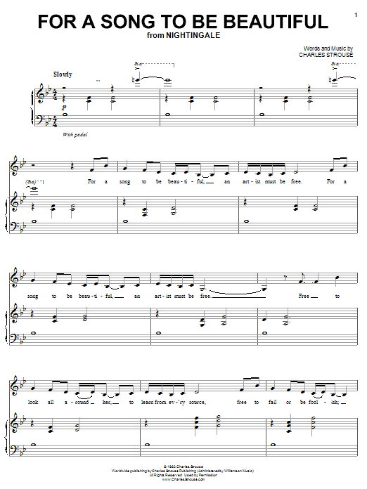 Learn to play Charles Strouse For A Song To Be Beautiful (from Nightingale) sheet music for Piano, Vocal & Guitar (Right-Hand Melody) in minutes. Charles Strouse For A Song To Be Beautiful (from Nightingale) sheet music preview music notes and score for Piano, Vocal & Guitar (Right-Hand Melody) including 4 page(s)