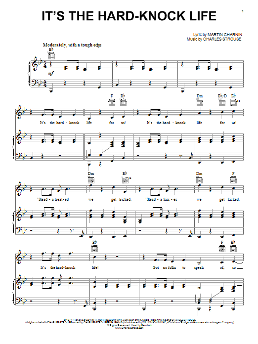 Learn to play Charles Strouse It's The Hard-Knock Life sheet music for Piano, Vocal & Guitar (Right-Hand Melody) in minutes. Charles Strouse It's The Hard-Knock Life sheet music preview music notes and score for Piano, Vocal & Guitar (Right-Hand Melody) including 4 page(s)