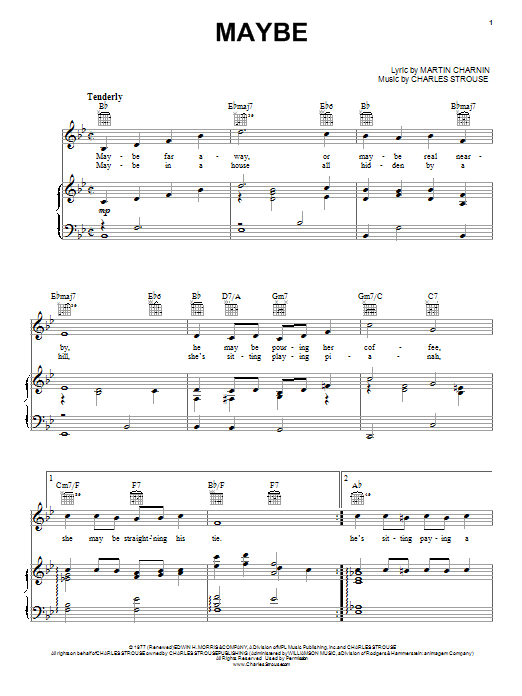 Learn to play Charles Strouse Maybe sheet music for Piano, Vocal & Guitar (Right-Hand Melody) in minutes. Charles Strouse Maybe sheet music preview music notes and score for Piano, Vocal & Guitar (Right-Hand Melody) including 3 page(s)