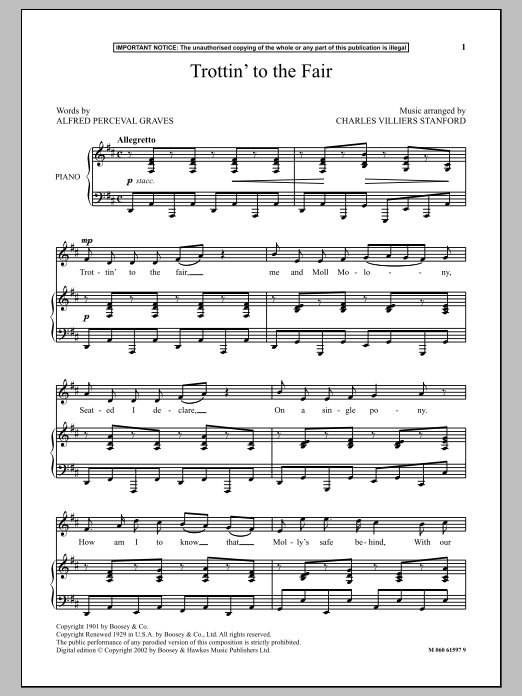 Learn to play Charles Villiers Stanford Trottin' To The Fair sheet music for Piano & Vocal in minutes. Charles Villiers Stanford Trottin' To The Fair sheet music notes and chords