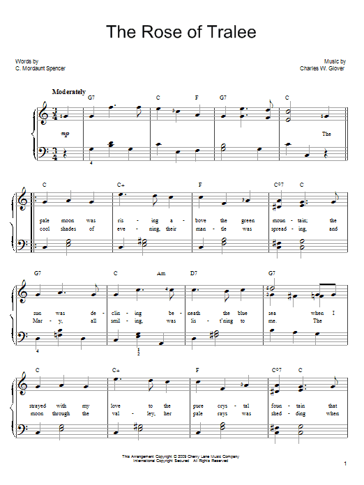 Learn to play Charles W. Glover The Rose Of Tralee sheet music for Piano, Vocal & Guitar (Right-Hand Melody) in minutes. Charles W. Glover The Rose Of Tralee sheet music preview music notes and score for Piano, Vocal & Guitar (Right-Hand Melody) including 3 page(s)