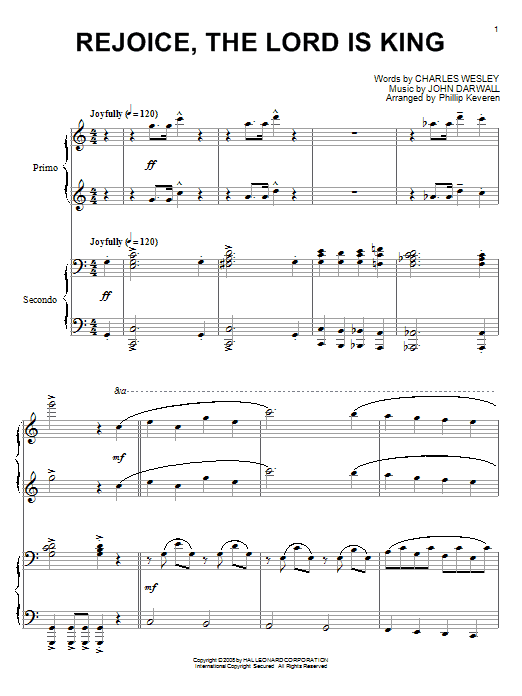Learn to play Charles Wesley Rejoice, The Lord Is King sheet music for Piano Duet in minutes. Charles Wesley Rejoice, The Lord Is King sheet music notes and chords