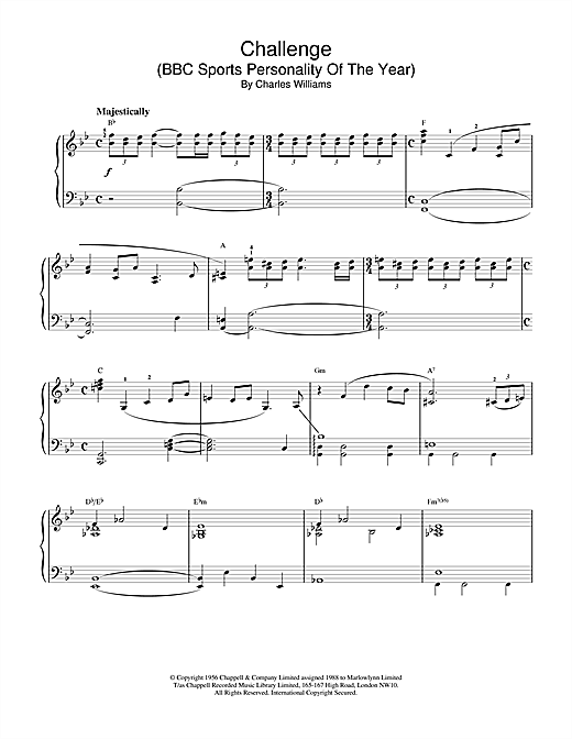 Learn to play Charles Williams Challenge (BBC Sports Personality Of The Year) sheet music for Piano in minutes. Charles Williams Challenge (BBC Sports Personality Of The Year) sheet music notes and chords