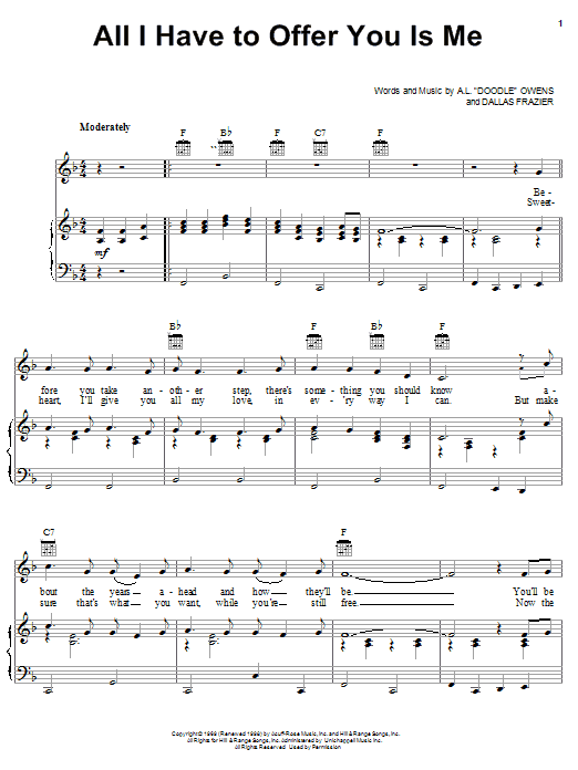 Learn to play Charley Pride All I Have To Offer You Is Me sheet music for Piano, Vocal & Guitar (Right-Hand Melody) in minutes. Charley Pride All I Have To Offer You Is Me sheet music preview music notes and score for Piano, Vocal & Guitar (Right-Hand Melody) including 3 page(s)