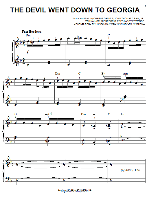 Learn to play Charlie Daniels Band The Devil Went Down To Georgia sheet music for Piano, Vocal & Guitar (Right-Hand Melody) in minutes. Charlie Daniels Band The Devil Went Down To Georgia sheet music notes and chords