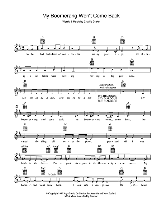 Charlie Drake My Boomerang Won T Come Back Sheet Music Download Printable Pdf Pop Music Score For Lead Sheet Fake Book