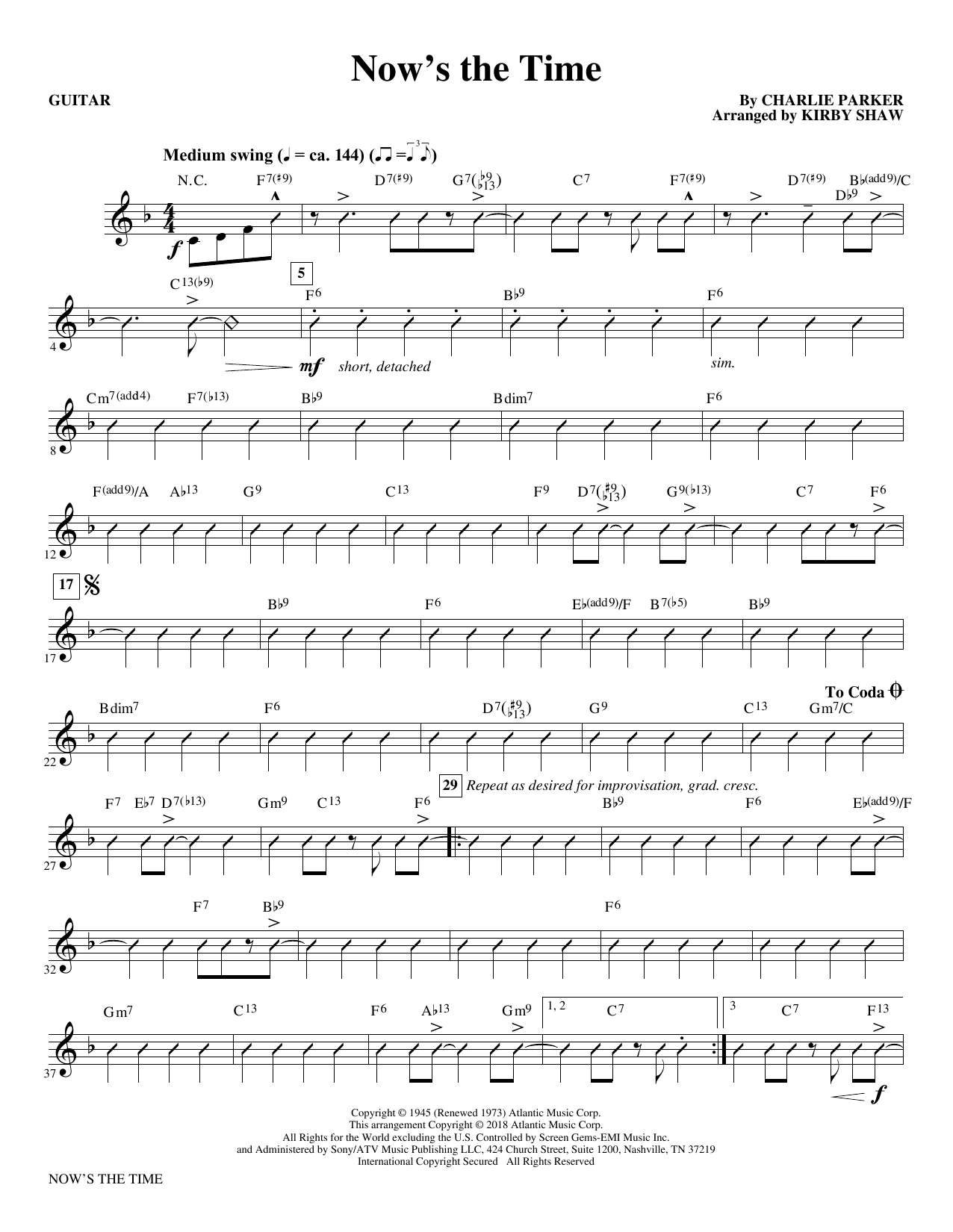 Learn to play Charlie Parker Now's the Time (arr. Kirby Shaw) - Guitar sheet music for Choir Instrumental Pak in minutes. Charlie Parker Now's the Time (arr. Kirby Shaw) - Guitar sheet music preview music notes and score for Choir Instrumental Pak including 2 page(s)