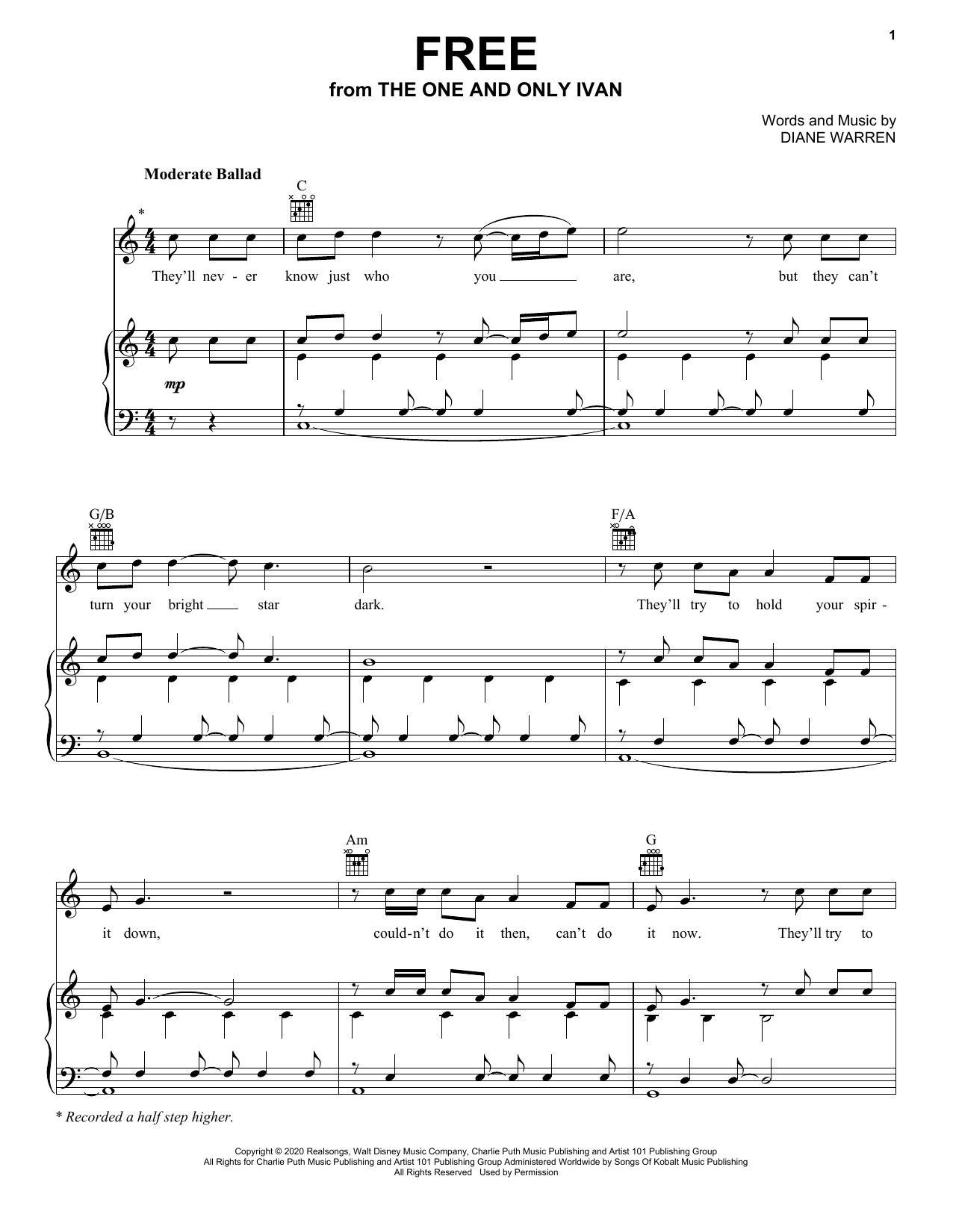 Learn to play Charlie Puth Free (from Disney's The One And Only Ivan) sheet music for Piano, Vocal & Guitar (Right-Hand Melody) in minutes. Charlie Puth Free (from Disney's The One And Only Ivan) sheet music preview music notes and score for Piano, Vocal & Guitar (Right-Hand Melody) including 7 page(s)