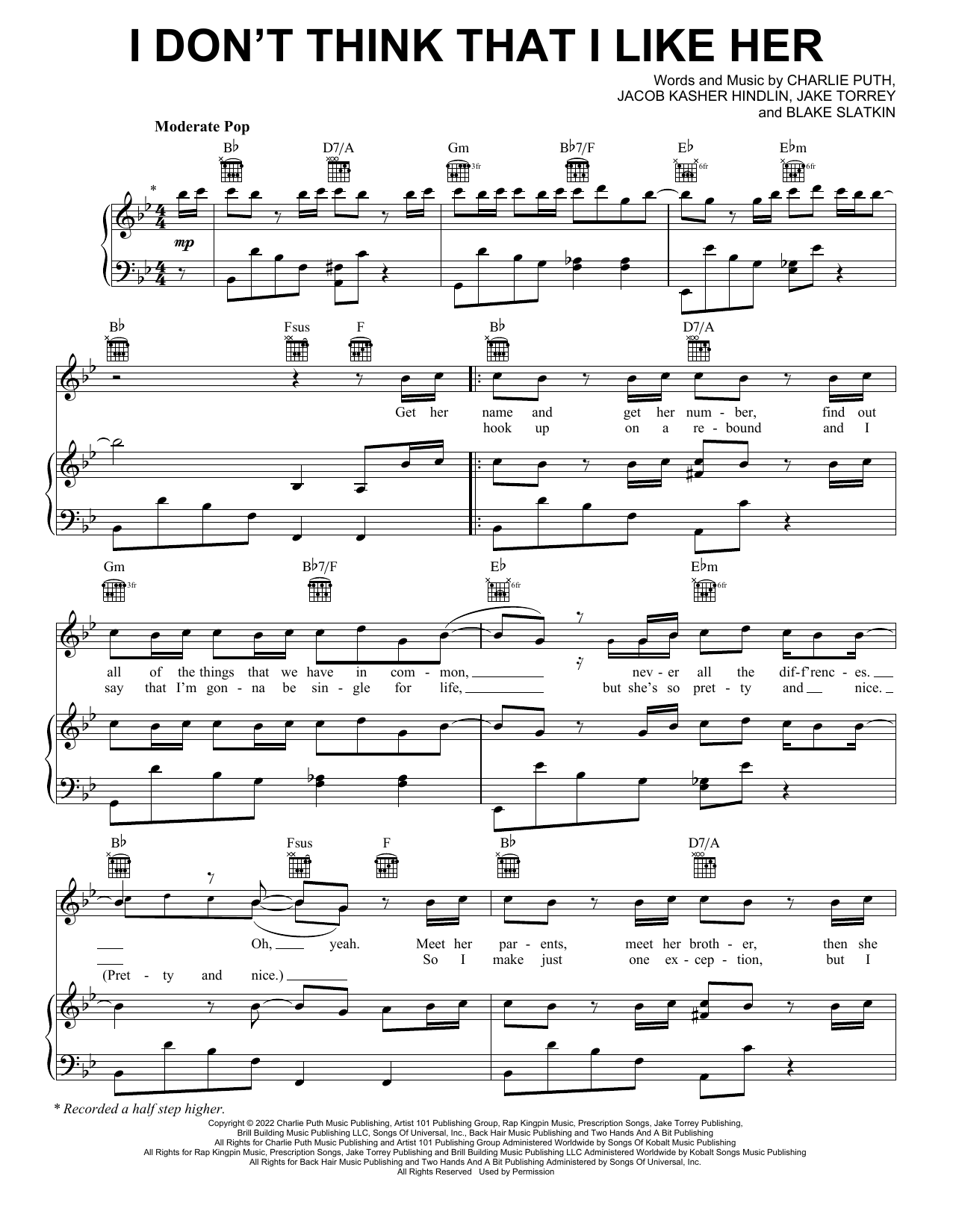 Learn to play Charlie Puth I Don't Think That I Like Her sheet music for Piano, Vocal & Guitar Chords (Right-Hand Melody) in minutes. Charlie Puth I Don't Think That I Like Her sheet music preview music notes and score for Piano, Vocal & Guitar Chords (Right-Hand Melody) including 6 page(s)