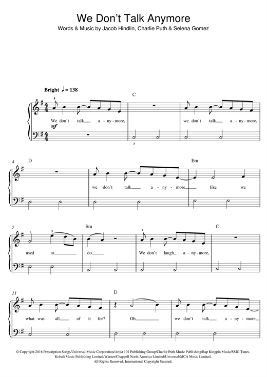 Charlie Puth Feat Selena Gomez We Don T Talk Anymore Sheet Music Notes Download Sheet Music Pdf Pop Score Guitar Rhythm Tab 174670 Got this request for an upcoming performance. charlie puth feat selena gomez we don