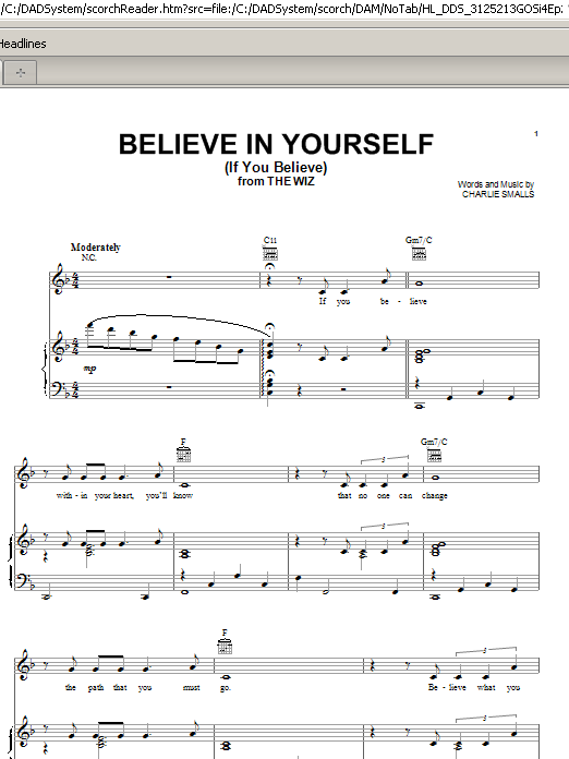 Learn to play Charlie Smalls Believe In Yourself (If You Believe) sheet music for Piano, Vocal & Guitar (Right-Hand Melody) in minutes. Charlie Smalls Believe In Yourself (If You Believe) sheet music preview music notes and score for Piano, Vocal & Guitar (Right-Hand Melody) including 4 page(s)