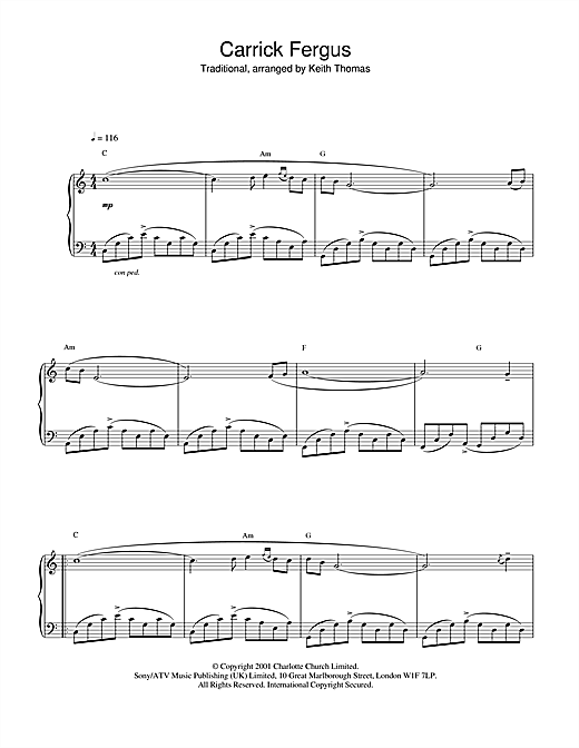 Learn to play Charlotte Church Carrick Fergus sheet music for Piano, Vocal & Guitar (Right-Hand Melody) in minutes. Charlotte Church Carrick Fergus sheet music notes and chords
