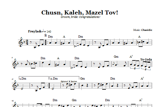 Chasidic Chusn, Kaleh, Mazal Tov! (Groom, Bride: Congratulations!) sheet music, chords, lyrics - Printable PDF for Melody Line, Lyrics & Chords