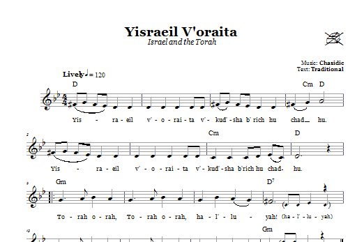 Chasidic Yisraeil V'oraita (Israel and the Torah) sheet music, chords, lyrics - Printable PDF for Melody Line, Lyrics & Chords