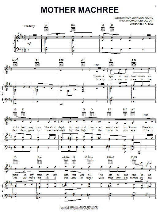Learn to play Chauncey Olcott Mother Machree sheet music for Piano, Vocal & Guitar (Right-Hand Melody) in minutes. Chauncey Olcott Mother Machree sheet music preview music notes and score for Piano, Vocal & Guitar (Right-Hand Melody) including 2 page(s)