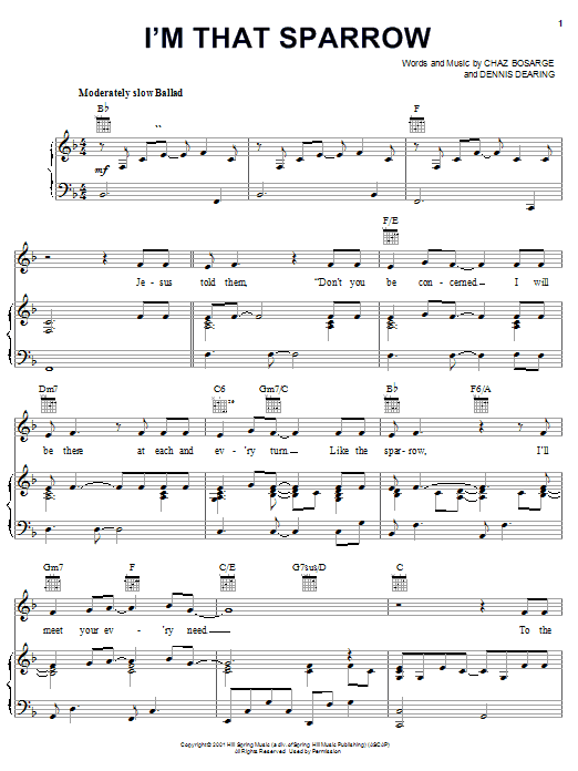 Learn to play Chaz Bosarge I'm That Sparrow sheet music for Piano, Vocal & Guitar (Right-Hand Melody) in minutes. Chaz Bosarge I'm That Sparrow sheet music preview music notes and score for Piano, Vocal & Guitar (Right-Hand Melody) including 4 page(s)