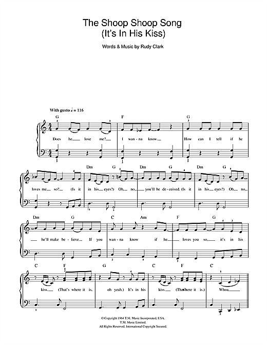 Learn to play Cher The Shoop Shoop Song (It's In His Kiss) sheet music for Lyrics & Chords in minutes. Cher The Shoop Shoop Song (It's In His Kiss) sheet music notes and chords