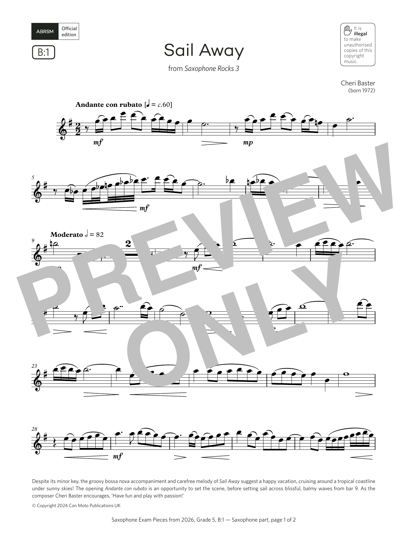 Cheri Baster Sail Away (Grade 5, list B1, from the ABRSM Saxophone Syllabus from 2026) sheet music, chords, lyrics - Printable PDF for Alto Sax Solo