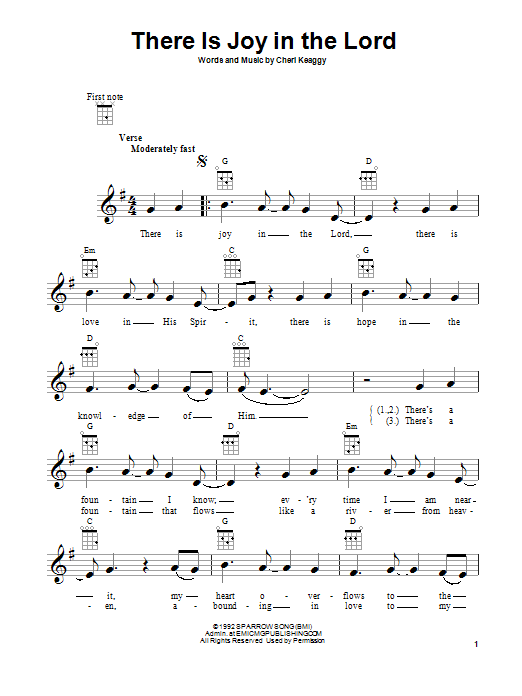 Learn to play Cheri Keaggy There Is Joy In The Lord sheet music for Ukulele in minutes. Cheri Keaggy There Is Joy In The Lord sheet music notes and chords