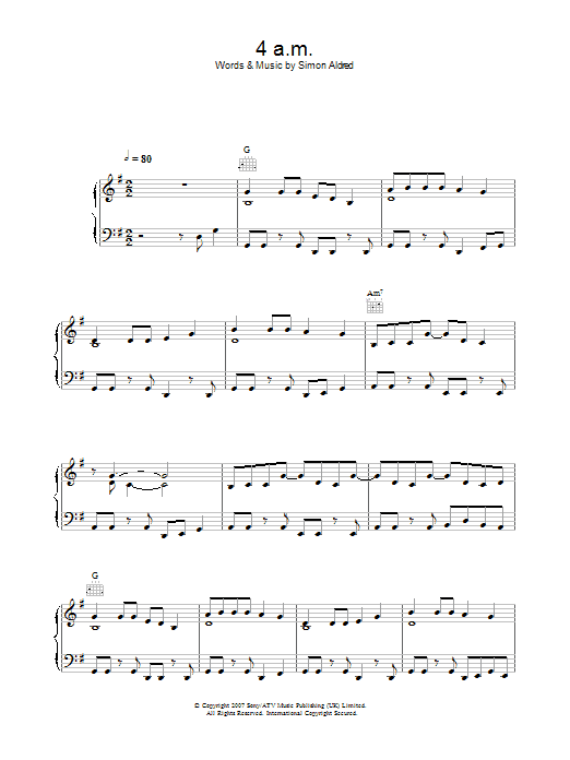 Learn to play Cherry Ghost 4am sheet music for Piano, Vocal & Guitar in minutes. Cherry Ghost 4am sheet music preview music notes and score for Piano, Vocal & Guitar including 5 page(s)