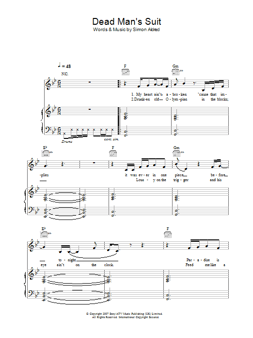 Learn to play Cherry Ghost Dead Man's Suit sheet music for Piano, Vocal & Guitar in minutes. Cherry Ghost Dead Man's Suit sheet music preview music notes and score for Piano, Vocal & Guitar including 4 page(s)