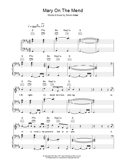 Learn to play Cherry Ghost Mary On The Mend sheet music for Piano, Vocal & Guitar in minutes. Cherry Ghost Mary On The Mend sheet music preview music notes and score for Piano, Vocal & Guitar including 5 page(s)