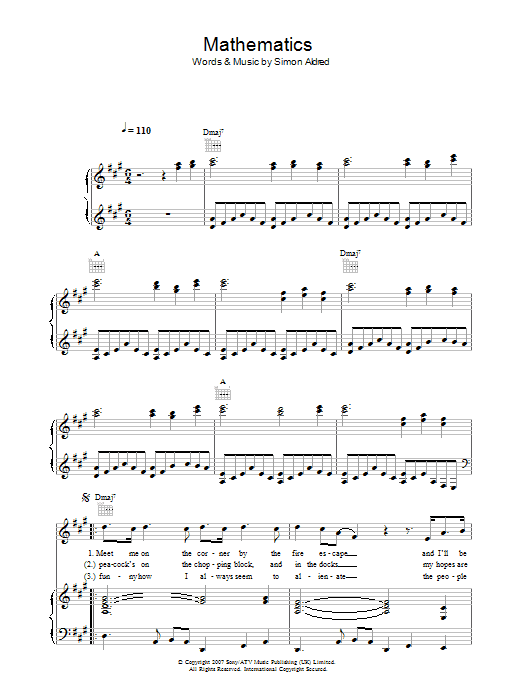 Learn to play Cherry Ghost Mathematics sheet music for Piano, Vocal & Guitar in minutes. Cherry Ghost Mathematics sheet music preview music notes and score for Piano, Vocal & Guitar including 5 page(s)
