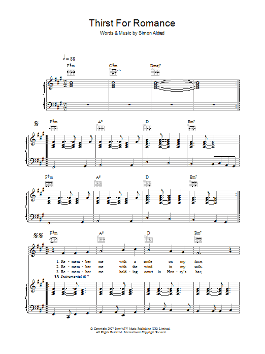 Learn to play Cherry Ghost Thirst For Romance sheet music for Piano, Vocal & Guitar in minutes. Cherry Ghost Thirst For Romance sheet music preview music notes and score for Piano, Vocal & Guitar including 4 page(s)
