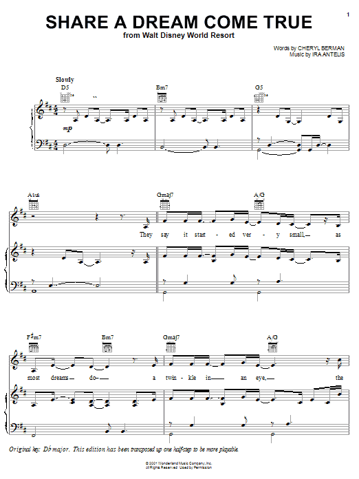 Learn to play Cheryl Berman Share A Dream Come True (from Walt Disney World) sheet music for Piano, Vocal & Guitar (Right-Hand Melody) in minutes. Cheryl Berman Share A Dream Come True (from Walt Disney World) sheet music notes and chords
