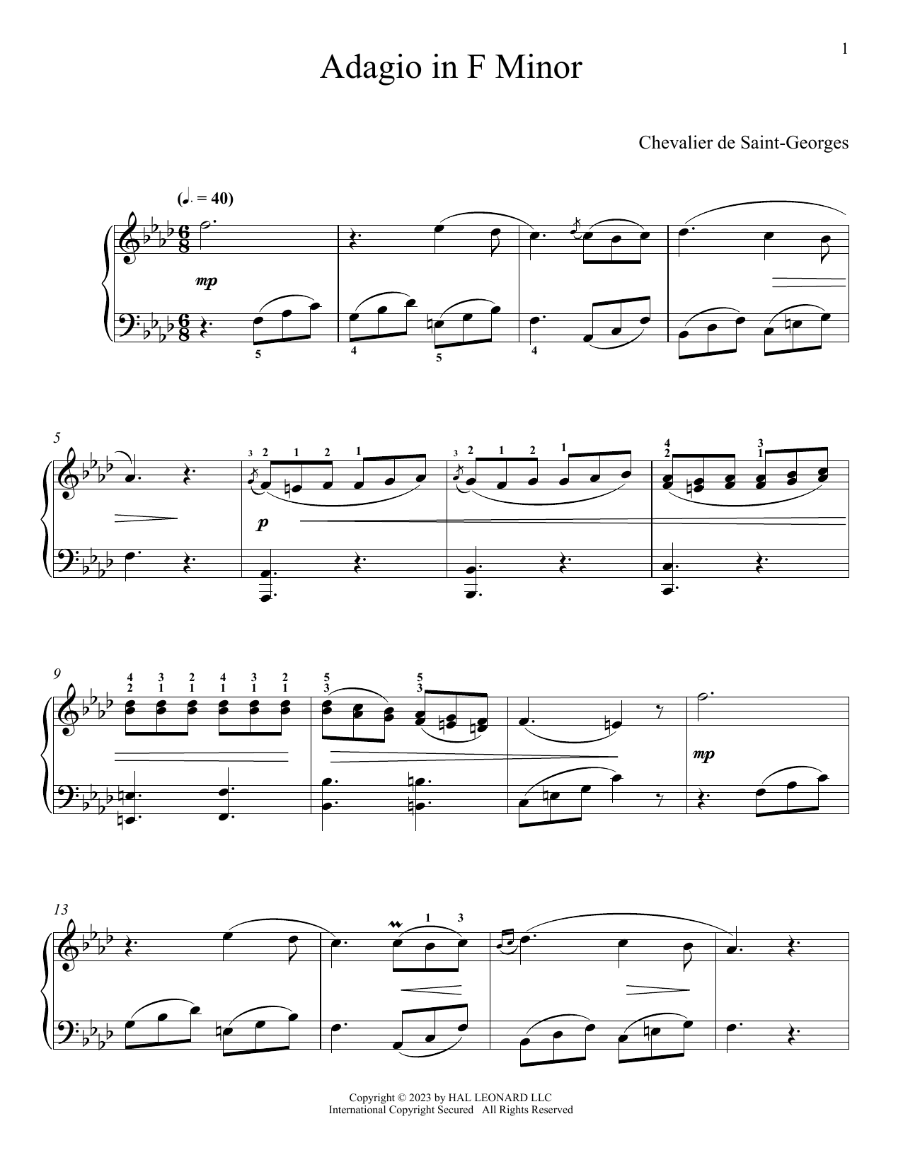 Chevalier de Saint-Georges Adagio In F Minor sheet music, chords, lyrics - Printable PDF for Piano Solo