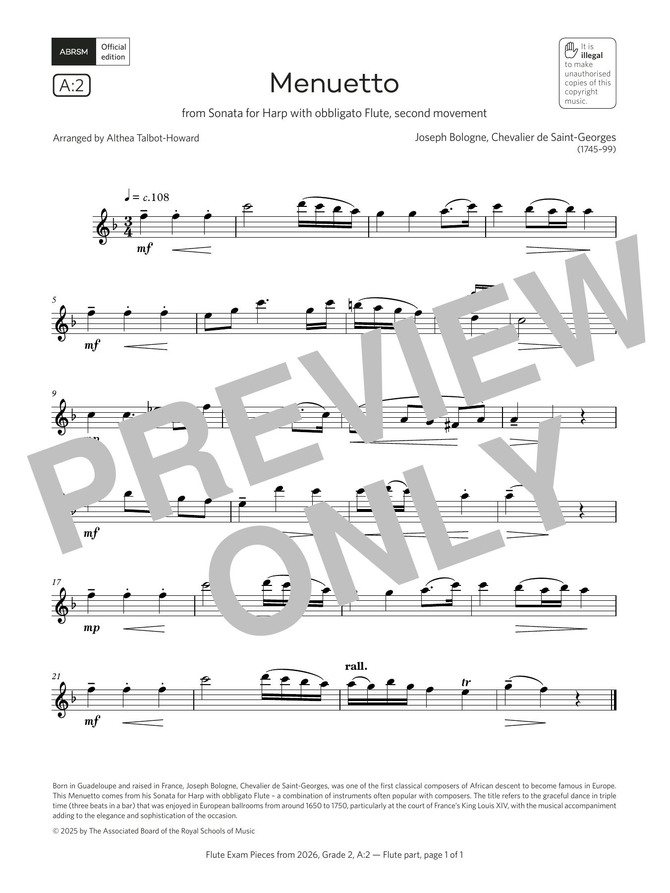 Chevalier de Saint-Georges Menuetto (Grade 2, list A2, from the ABRSM Flute Syllabus from 2026) sheet music, chords, lyrics - Printable PDF for Flute Solo