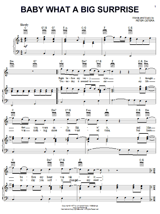 Learn to play Chicago Baby What A Big Surprise sheet music for Piano, Vocal & Guitar (Right-Hand Melody) in minutes. Chicago Baby What A Big Surprise sheet music notes and chords
